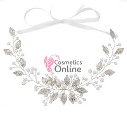 Accesoriu modern pentru decor par WED07CC Argintiu cu perlute si frunze de 30cm 
